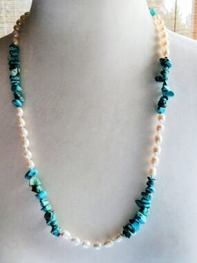 Genuine Turquoise Chip and Freshwater Cultured Pearl Necklace